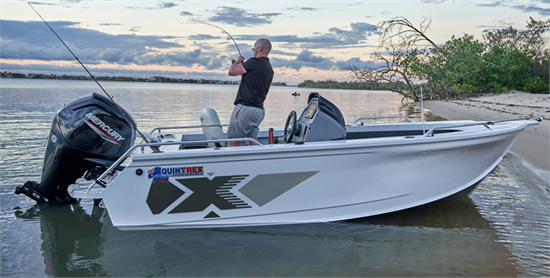 small white quintrex top ender boat anchored with a mercury outboard motors ideal for fishing